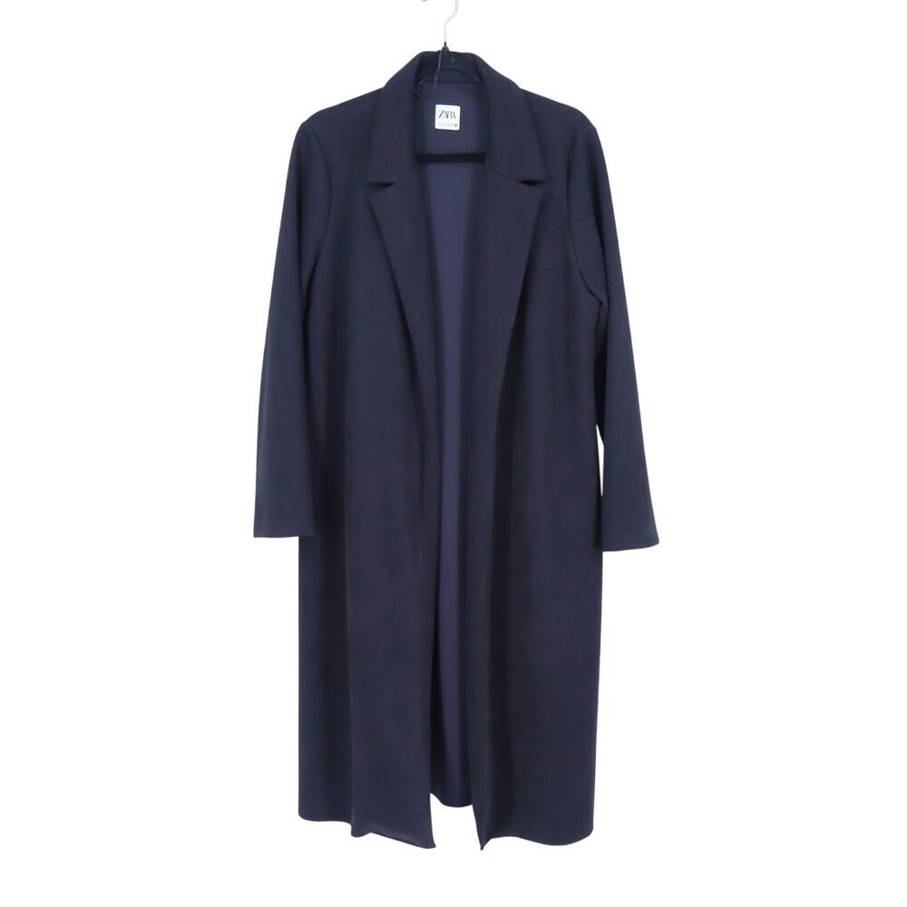 Zara Faux Suede Longline Coat Black Open Long Sleeve Jacket Women's L